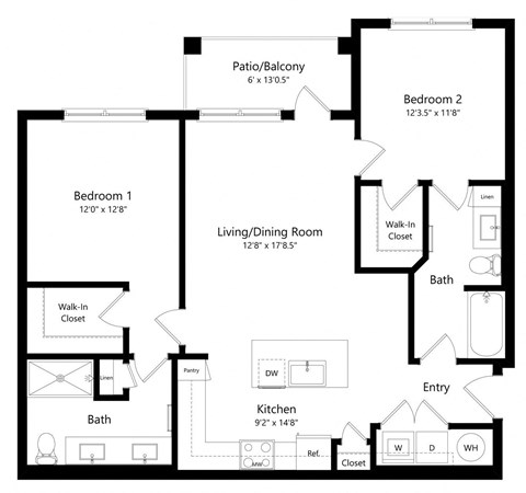 Two Bedroom Floor Plan with 1,084 Sq. Ft. at Lenox at Bloomingdale Luxury Apartments in Riverview FL